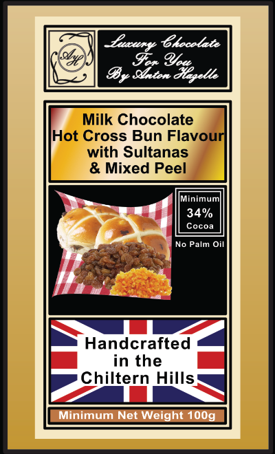 34% Milk Chocolate with  Hot Cross Bun Flavour with Sultanas & Mixed Peel