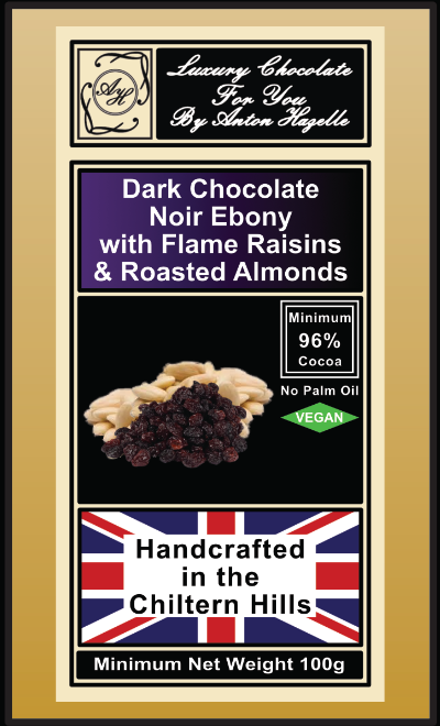 96% Dark Chocolate Noir Ebony with Flame Raisins & Roasted Almonds
