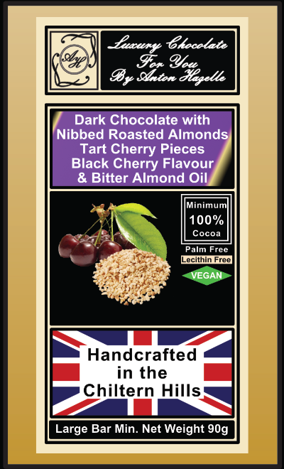 100% Dark Chocolate with Nibbed Roasted Almonds Tart Cherry Pieces Black Cherry Flavour & Bitter Almond Oil