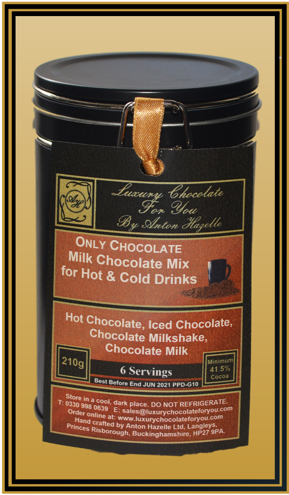 Canister, Luxury Hot/Cold Chocolate Mix Milk 41.5% Cocoa 6 serve pack 