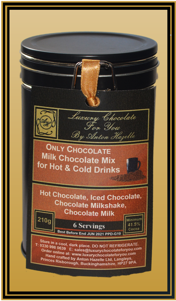 Canister, Luxury Hot/Cold Chocolate Mix Milk 41.5% Cocoa 6 serve pack Canister, Luxury Hot/Cold Chocolate Mix Milk 41.5% Cocoa 6 serve pack