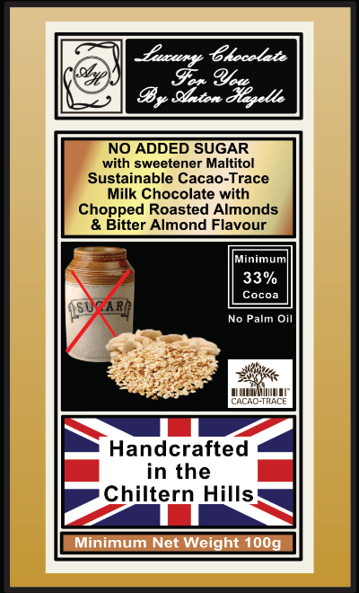 33% Milk Chocolate with Chopped Roasted Almonds, No Added Sugar with Sweetener
