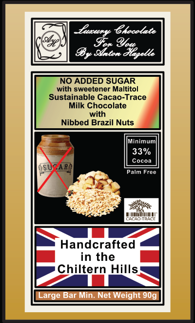 33% No Added Sugar with Sweetner Maltitol Sustainable Cacao-Trace Milk Chocolate with Nibbed Brazil Nuts