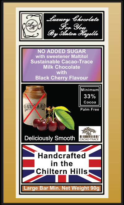 33% Sustainable Cacao-Trace Milk Chocolate with Black Cherry Flavour No Added Sugar with Sweetener Maltitol