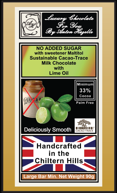 33% Sustainable Cacao-Trace Milk Chocolate with Lime Oil No Added Sugar with Sweetner Maltitol