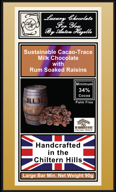 34% Sustainable Cacao-Trace Milk Chocolate with Rum Soaked Raisins