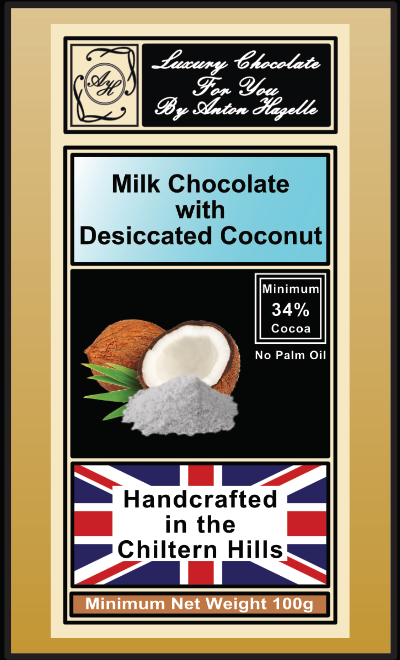 34% Milk Chocolate with Desiccated Coconut 34% Milk Chocolate with Desiccated Coconut