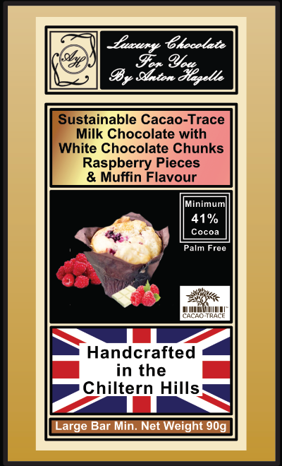 41% Sustainable Cacao-Trace Strong Milk Chocolate with White Chocolate Chunks Raspberry Pieces & Muffin Flavour