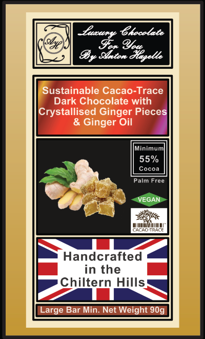 55% Sustainable Cacao-Trace Dark Chocolate with Crystallised Ginger Pieces & Ginger Oil