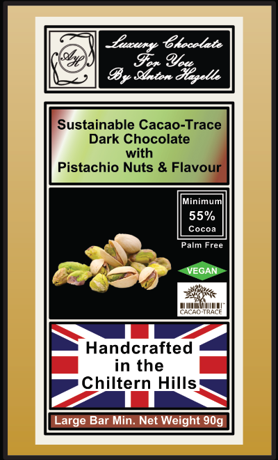 55% Sustainable Cacao-Trace Dark Chocolate with Pistachio Nuts & Flavour