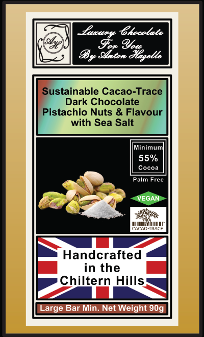 55% Sustainable Cacao-Trace Dark Chocolate with Pistachio Nuts & Flavour & Sea Salt