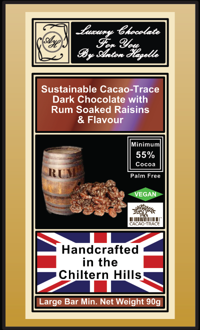55% Sustainable Cacao-Trace Dark Chocolate with Rum Soaked Raisins & Flavour