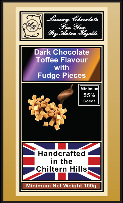 55%  Dark Chocolate with Toffee Flavour & Fudge Pieces