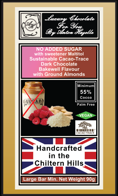55% Sustainable Cacao-Trace Dark Chocolate Raspberry Bakewell with Ground Almonds, No Added Sugar with Sweetener Maltitol