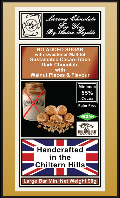 55% Sustainable Cacao-Trace Dark Chocolate with Walnut Pieces, No Added Sugar with Sweetener Maltitol