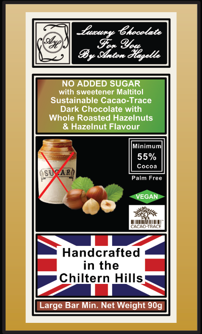 55% Sustainable Cacao-Trace Dark Chocolate with Whole Roasted Hazelnuts, No Added Sugar with Sweetener Maltitol