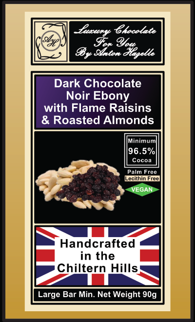 96.5% Dark Chocolate Noir Ebony with Flame Raisins & Roasted Almonds
